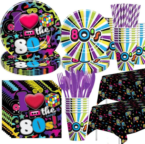 Vajilla de decoración de fiesta de los años 80 – Los suministros para fiestas temáticas de los 80 incluyen platos de papel, vasos, servilletas,
