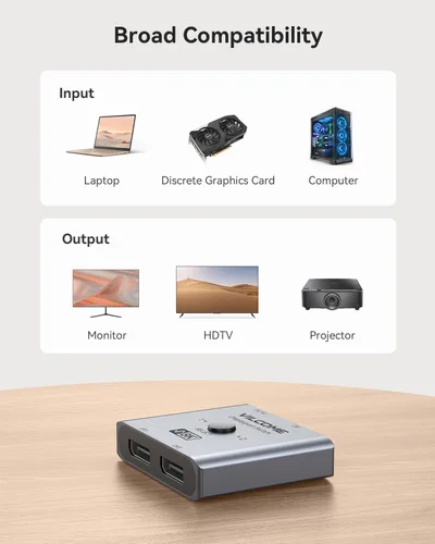 Miniatura 7 de Vilcome Conmutador DisplayPort 8K Splitter, Plug & Play, conmutación de un botón, caja de conmutación de puerto de pantalla bidireccional 2 en 1 Gris