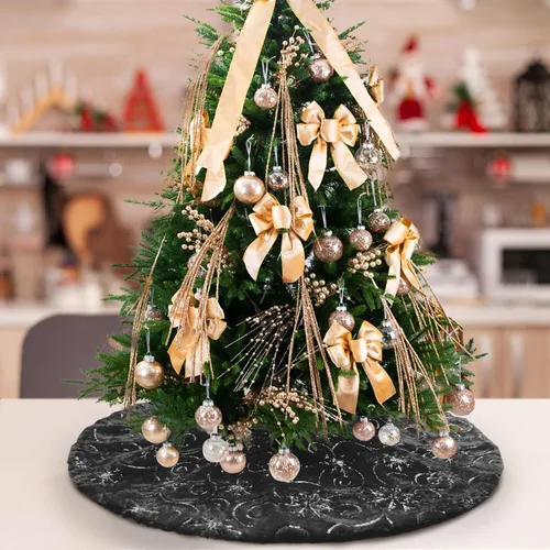 Miniatura 32 de Falda de árbol de Navidad de felpa negra de 24 pulgadas, pequeña, de piel sintética gruesa, lujosa decoración navideña para Año Nuevo, decoración