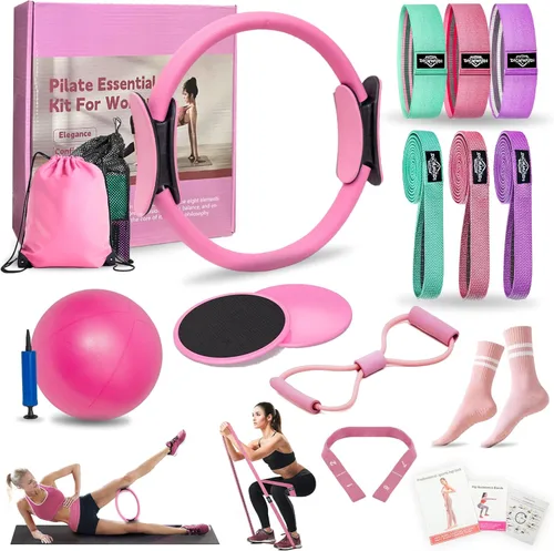 Miniatura 10 de DICYWUDI Kit esencial de pilates para mujeres caseras, equipo de pilates para entrenamientos, 6 bandas de resistencia de tela, anillo de yoga