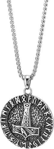 Miniatura 2 de Viking Pendant Necklace, Mjolnir Thor Hammer Nordic Vegvisir Compass Norse Runic Circle Medal Steel