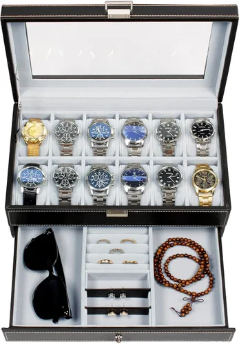 Miniatura 6 de GUKA Caja de reloj con 12 ranuras, organizador de exhibición de reloj, caja de joyería de cuero, cajón de cristal, cumpleaños para hombres