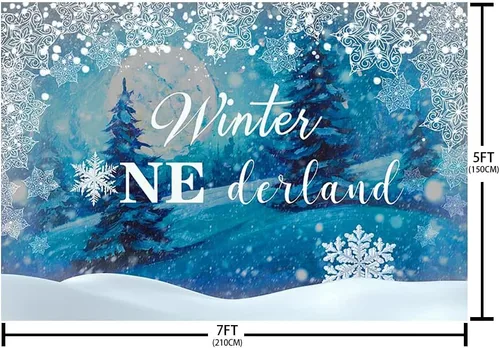 Miniatura 5 de AIBIIN Telón de fondo de invierno de 7 x 5 pies para niños, bebé, feliz primer cumpleaños, fotografía, fondo de noche, país de las maravillas