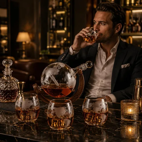 Miniatura 8 de Decantador del mundo grabado con globo de whisky, juego de regalo de whisky The Wine Savant con avión antiguo, piedras de whisky y 4 vasos de mapa