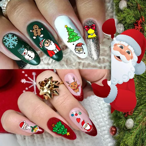 Miniatura 2 de COKTAK 6 hojas de calcomanías de uñas de Navidad para manicura, calcomanías autoadhesivas divertidas de Papá Noel, alce y ciervo, calcomanías