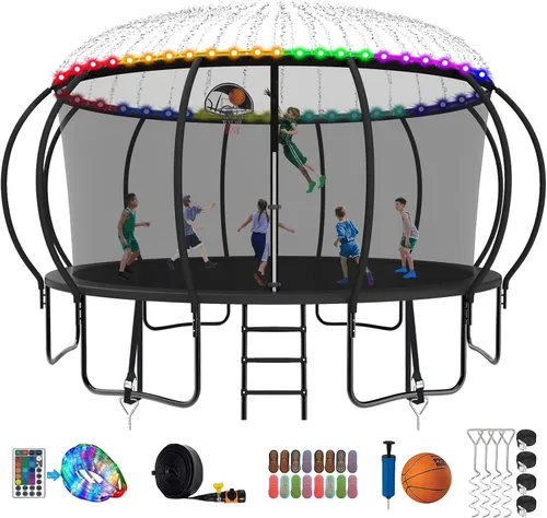 Miniatura 8 de SKYUP 2026 Upgraded 8 10 12 14 15 16 FT 1500lbs Tranpoline for Kids and Adults with Light+Sprinkler+Socks, Recreational Tranpoline with Basketball