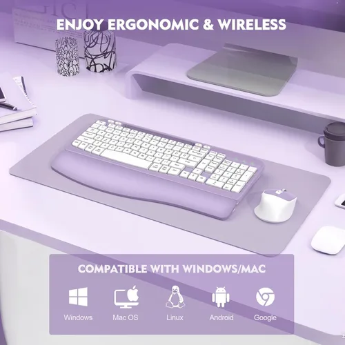Miniatura 8 de Combo de teclado y mouse inalámbrico, teclado ergonómico de tamaño completo con teclas de onda, reposa muñeca acolchado, soporte para teléfono