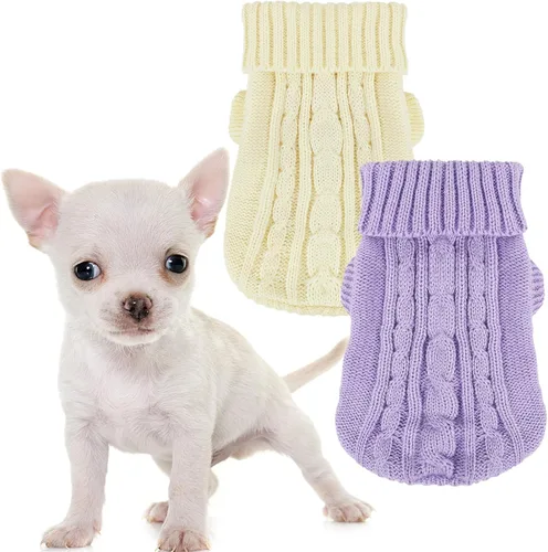 Miniatura 8 de 2 piezas de suéteres para perros con cuello alto de punto, suéter para Chihuahua y Yorkie, ropa para perros pequeños, trajes cálidos de invierno