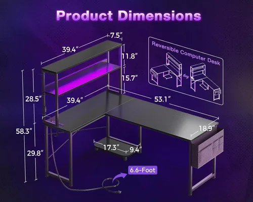 Miniatura 3 de ODK - Escritorio en forma de L de 53 pulgadas con iluminación LED, escritorio reversible para juegos con enchufes de alimentación, mesa de esquina