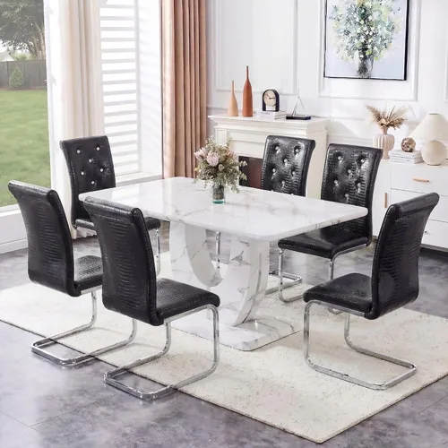 Miniatura 14 de Juego de 6 sillas de mesa de comedor para 6, juego de 6, moderno juego de comedor con mesa de comedor de mármol de 63 pulgadas, sillas tapizadas