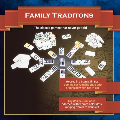 Miniatura 5 de Continuum Games Family Traditions - Juego de 9 dominó dobles – Juego de 55 piezas en lata de almacenamiento, dominó cristalino para niños y adultos
