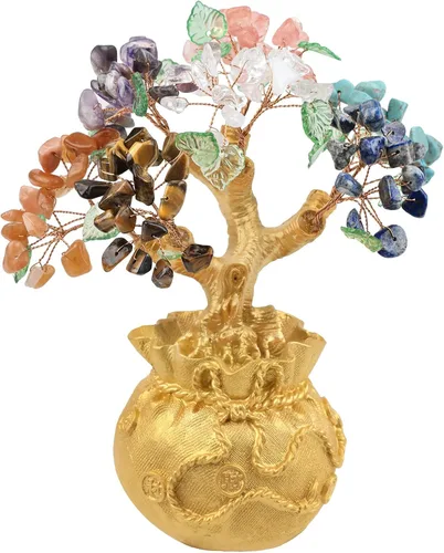mookaitedecor Árbol de dinero de cristal de 7 chakras con base de bolsa de dinero dorada, adorno de bonsái de árbol de Feng Shui para decoración del