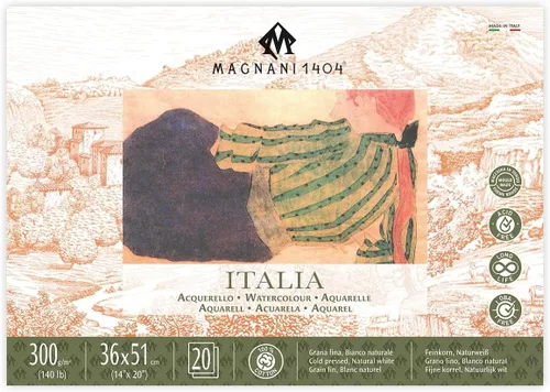 Magnani 1404 Italia Cold Press - Bloque de papel de acuarela 100% algodón, 20 hojas, 14 x 20 pulgadas, 140 libras, sin ácidos, resistente a los