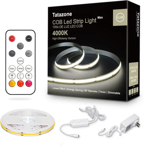 Miniatura 9 de Tatazone Tira de luces LED COB blancas Max con control remoto RF, 16.4 pies 2700K CRI93+ regulable, tira de luz COB blanca cálida ultra brillante