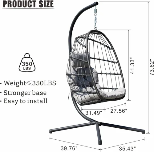 Miniatura 2 de FREDEES Silla colgante con forma de huevo con soporte, silla colgante de exterior con cojín para patio/porche/balcón/interior (Gris claro)