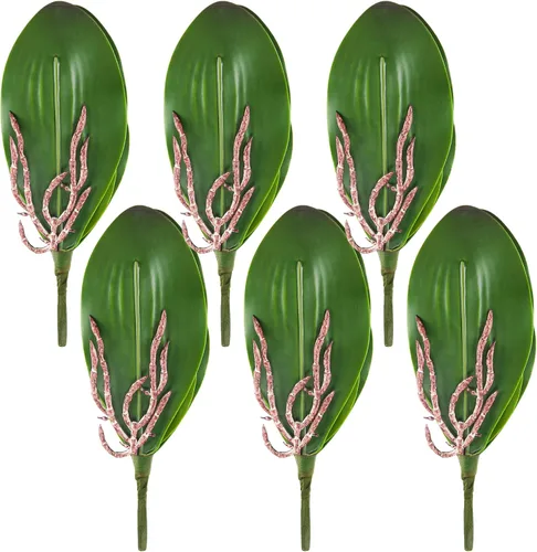 Miniatura 3 de Miracliy Orquídeas falsas, paquete de 6 hojas de orquídeas artificiales, tallos de vegetación sintética para jarrón, estante, escritorio, decoración