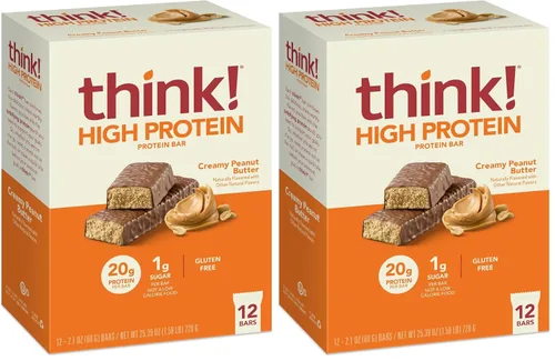 Think! Barras de proteína, sin gluten, barra energética sin azúcar con aislado de proteína de suero, Creamy Peanut Butter, barras nutricionales, sin
