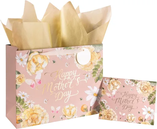 Miniatura 8 de LeZakaa Bolsa de regalo para el día de la madre, letras del día de la madre, diseño floral rosa, mariposa y papel de aluminio rosa, bolsa de regalo