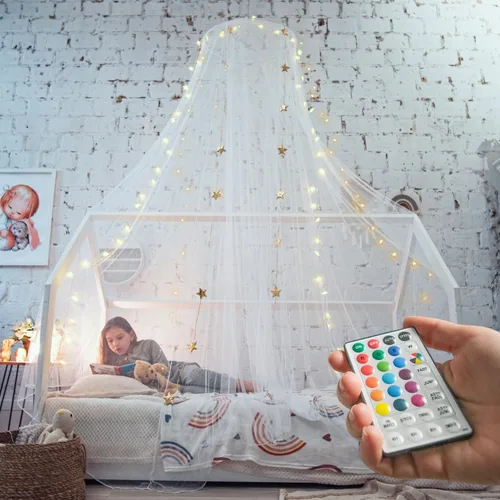 Miniatura 13 de Dosel de Cama Azul, Dosel de Cama Azul con Estrellas que Brillan en la Oscuridad para Niñas, Niños, Niñas y Bebés, Red para Cubrir la Cuna, Niño