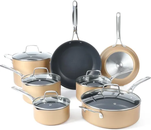 Martha Stewart Juego de 12 Piezas de Utensilios de Cocina Antiadherentes Premium de Aluminio de Calibre Pesado Anodizado Duro, Seguro para Cobre