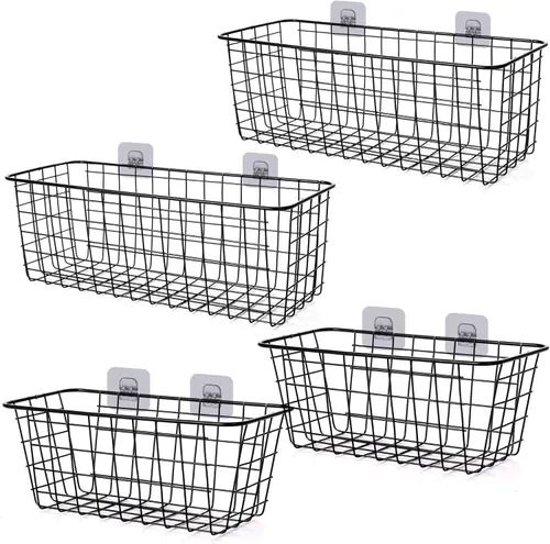 Paquete de 4 cestas de almacenamiento de alambre para el hogar, contenedores de metal montados en la pared, contenedores organizadores para cocina,