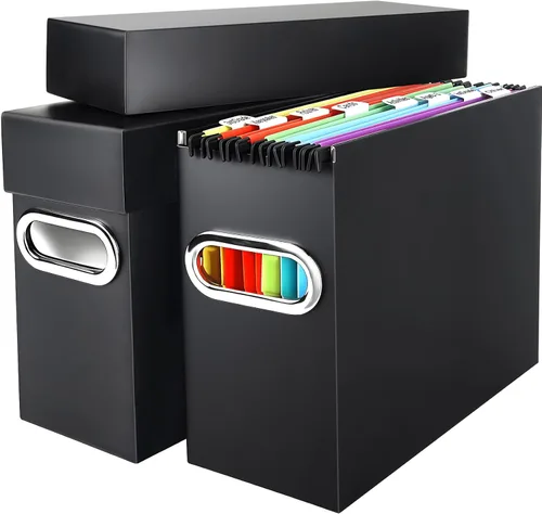 Caja organizadora de archivos con tapa y asa, cajas de almacenamiento de carpetas de archivos colgantes de cartón grueso para tamaño carta, Negro