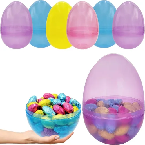 The Dreidel Company Huevos de Pascua rellenables de 6 pulgadas, paquete de 6 unidades, translúcidos, coloridos de plástico gigante, se mantiene