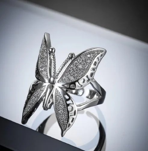 Miniatura 3 de Awmnjtmgpw - Anillo de compromiso de plata de ley 925 con diseño de mariposa brillante, plegable, con apertura ajustable