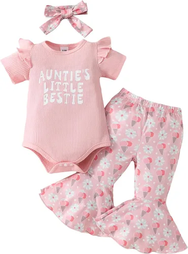 Miniatura 71 de Sejardin Ropa de verano para bebé y niña, recién nacida, manga corta, con letras, mameluco elástico con diadema