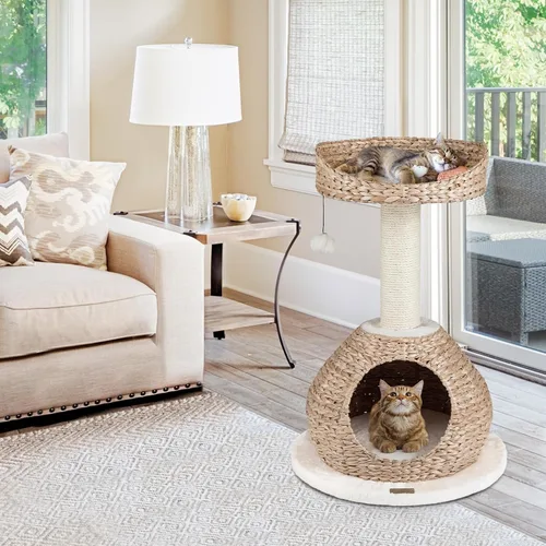 Miniatura 2 de PETSITE Árbol para gatos moderno de 28 pulgadas, poste rascador de sisal de sisal de torre para gatos, hecho a mano y percha superior, bola colgante