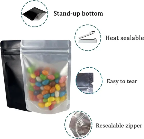 Miniatura 6 de PABCK 50 bolsas resellables de Mylar color negro, bolsas autosellables para almacenamiento de alimentos, dulces y café, bolsas de plástico