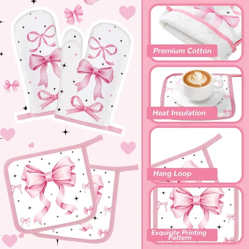 Miniatura 5 de Fourluoo Juego de 10 piezas de decoración de cocina con lazo rosa, 4 paños de cocina a cuadros rosados, 2 soportes para ollas, 2 guantes de horno, 2