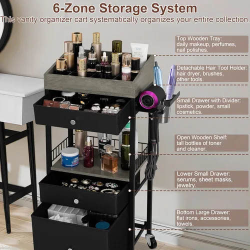 Miniatura 3 de Carrito organizador de maquillaje con 3 cajones, carrito de almacenamiento de cosméticos rodante con divisores ajustables, soporte de herramientas