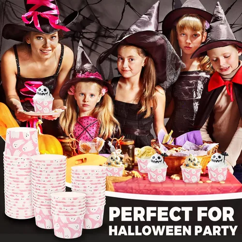 Miniatura 6 de Whaline 50 tazas desechables de fantasma de Halloween, lindos cuencos desechables de 9 onzas, cuencos de papel para postre de helado para dulce