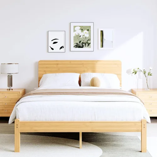 Miniatura 13 de BOSRII Base de cama de madera de bambú maciza de 12 pulgadas de alto tamaño individual con cabecero, listones de metal reforzados, sin ruido,