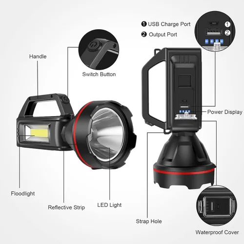 Miniatura 2 de Linterna recargable con reflector, reflector de mano de alto lúmenes, linterna LED con correa para el hombro y salida USB para huracanes