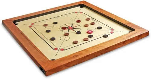 Surco Boss - Tabla de madera de Kikar Carrom de 0.630 in con monedas, golpeador y polvo, negro, 1-4 jugadores, a partir de 13 años