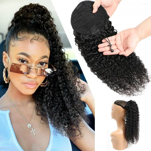 Miniatura 13 de Extensiones de cola de caballo con correa de cabello humano rizado, 100% cabello brasileño sin procesar, cola de caballo, pasta mágica con clip
