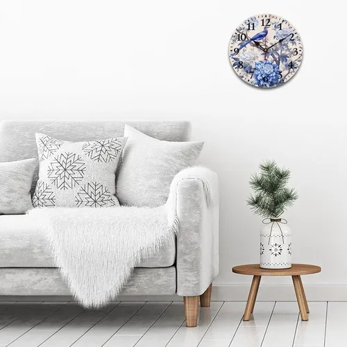 Miniatura 3 de Chinoiserie - Reloj de pared de madera moderno con patrón floral azul y blanco, flores y pájaros, funciona con pilas, con movimiento de cuarzo, azul