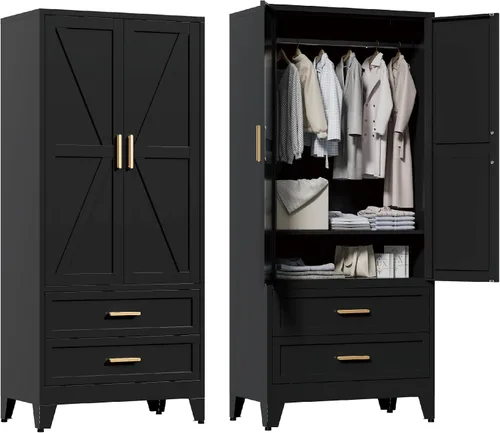 Miniatura 18 de Washsemba 180 cm de armario de metal para casa rural con barra para colgar, 2 armarios de granero con estantes ajustables, cajón, para comedor