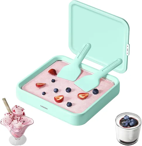 Máquina para hacer helados enrollados, máquina de helado instantáneo con tapa y 2 espátulas, acero inoxidable SUS316 de grado alimenticio, bandeja