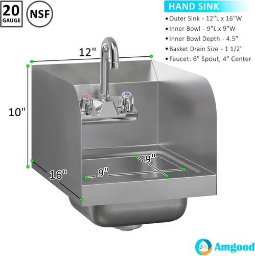 Miniatura 3 de AmGood Fregadero de mano de acero inoxidable para montaje en pared NSF Lavabo comercial de manos para restaurante, cocina y hogar