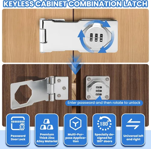 Miniatura 3 de Cerradura de gabinete sin llave con código de combinación, cerradura de cerrojo de contraseña de 3 dígitos para cajones, puerta de armario plegable