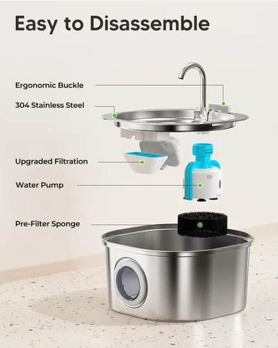 Miniatura 7 de PEKTACO Fuente de Agua para Gatos de Acero Inoxidable, Dispensador de Agua para Gatos de 3.2L/108 onzas con Bomba de Agua Silenciosa y Ventana