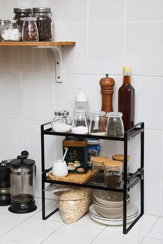 Miniatura 6 de Shantton Paquete de 2 estantes de gabinete de cocina, estante organizador de despensa, baño, dormitorio, oficina, mesa, escritorio, ahorro