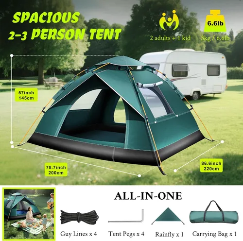 Miniatura 7 de Tienda de campaña para 2-3 personas, tienda de campaña automática instantánea para camping, fácil y rápida, tienda de campaña impermeable, tienda