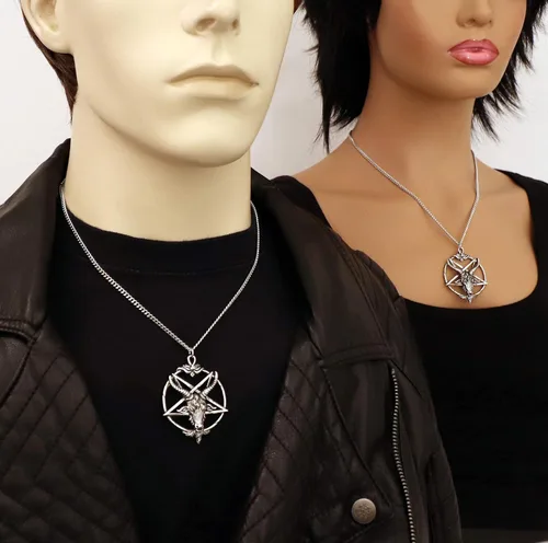 Miniatura 2 de Baphomet - Collar con colgante de cabeza de cabra de peltre con acabado plateado con pentáculo invertido, Metal