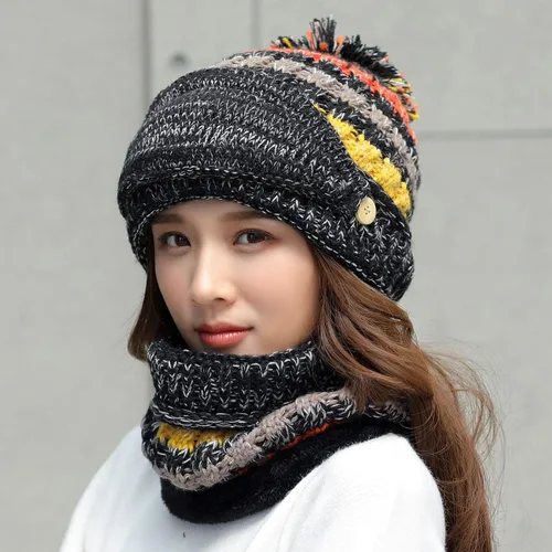 Miniatura 4 de Conjunto de 3 piezas para mujer, gorro de esquí, nieve, cuello, bufanda, máscara facial, pasamontañas, gorro de forro polar de punto de invierno