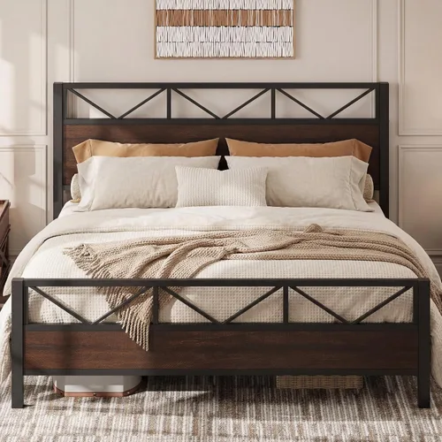 Miniatura 25 de LIKIMIO - Base de cama Queen, cabecero industrial alto de 51.2", con soporte metálico resistente, estructura de cama sólida y estable, libre