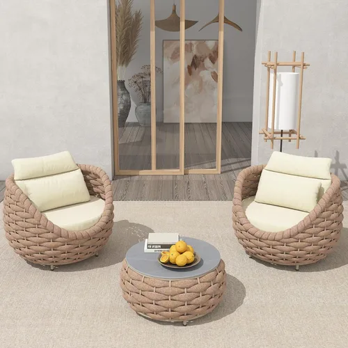 Miniatura 25 de TWT 3-Piece Woven Rope Patio Furniture Set, 2 Outdoor Armchairs with Soft Cushions + Round Aluminum Coffee Table, All-Weather Conversation Set for